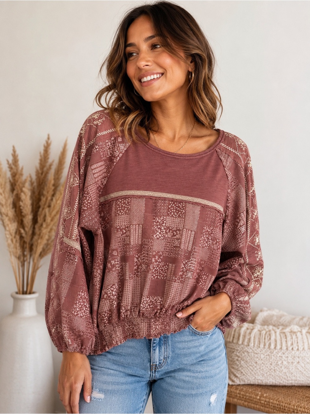 In Bloom Dusty Rose Patchwork Pullover Sweatshirt